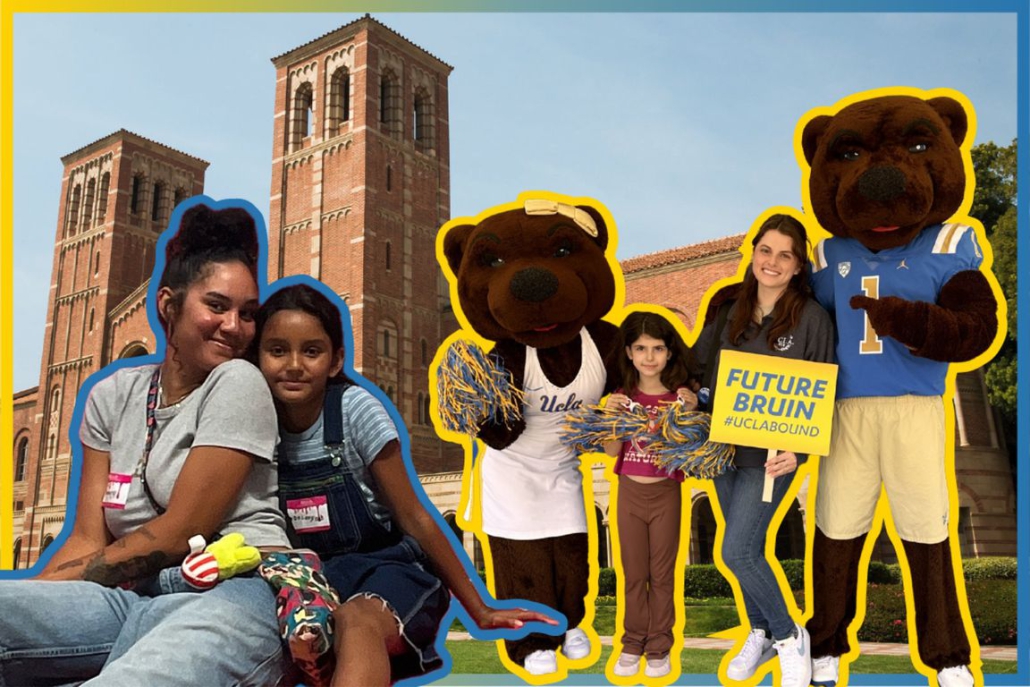 Students with their daughters, Joe Bruin, and Josie Bruin