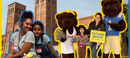 Students with their daughters, Joe Bruin, and Josie Bruin